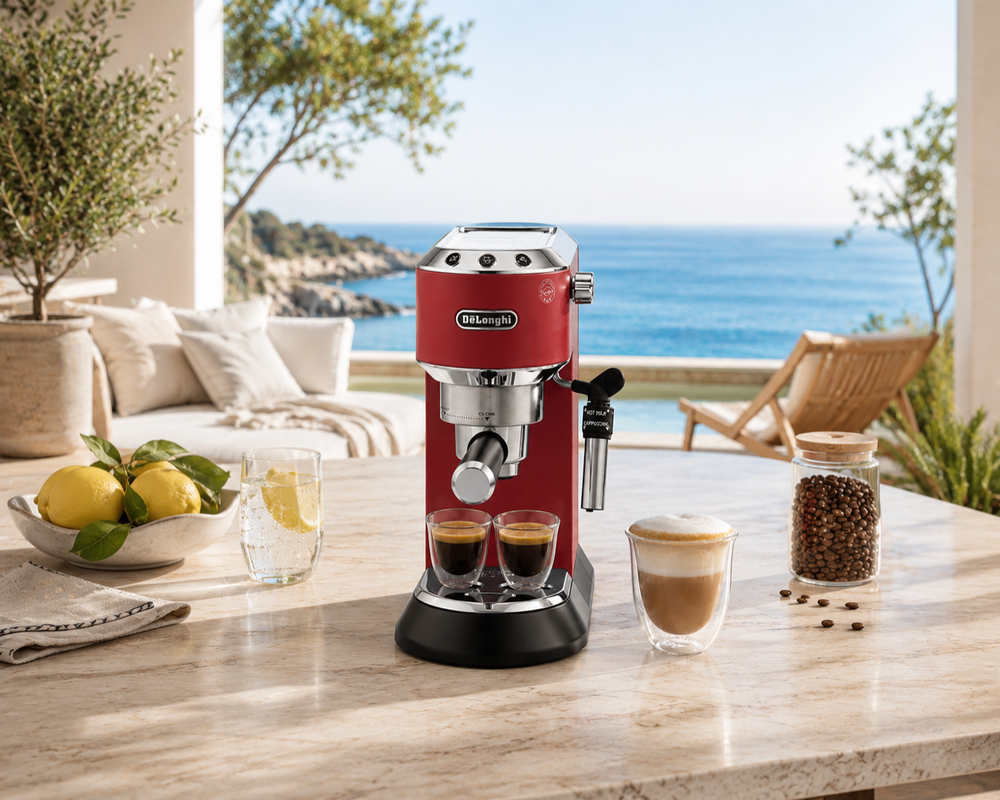 Machine expresso De'Longhi Dedica rouge sur une terrasse face à la mer, avec deux expressos